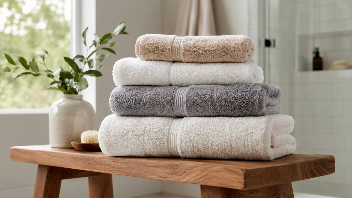 A stack of cotton bath towels in different weights and colors